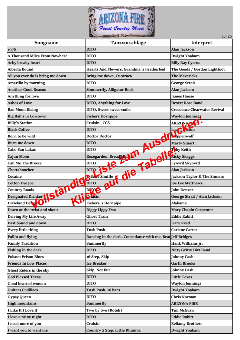 Arizona Fire Setlist mit Tanzvorschlag